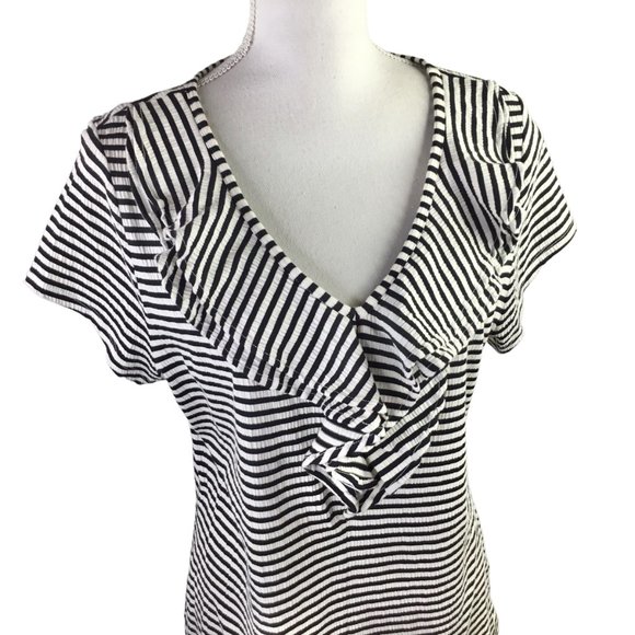 Isaac Mizrahi Tops - Isaac Mizrahi Live Stretch Knit Top Ruffle Front Size L Black White Stripe Shirt